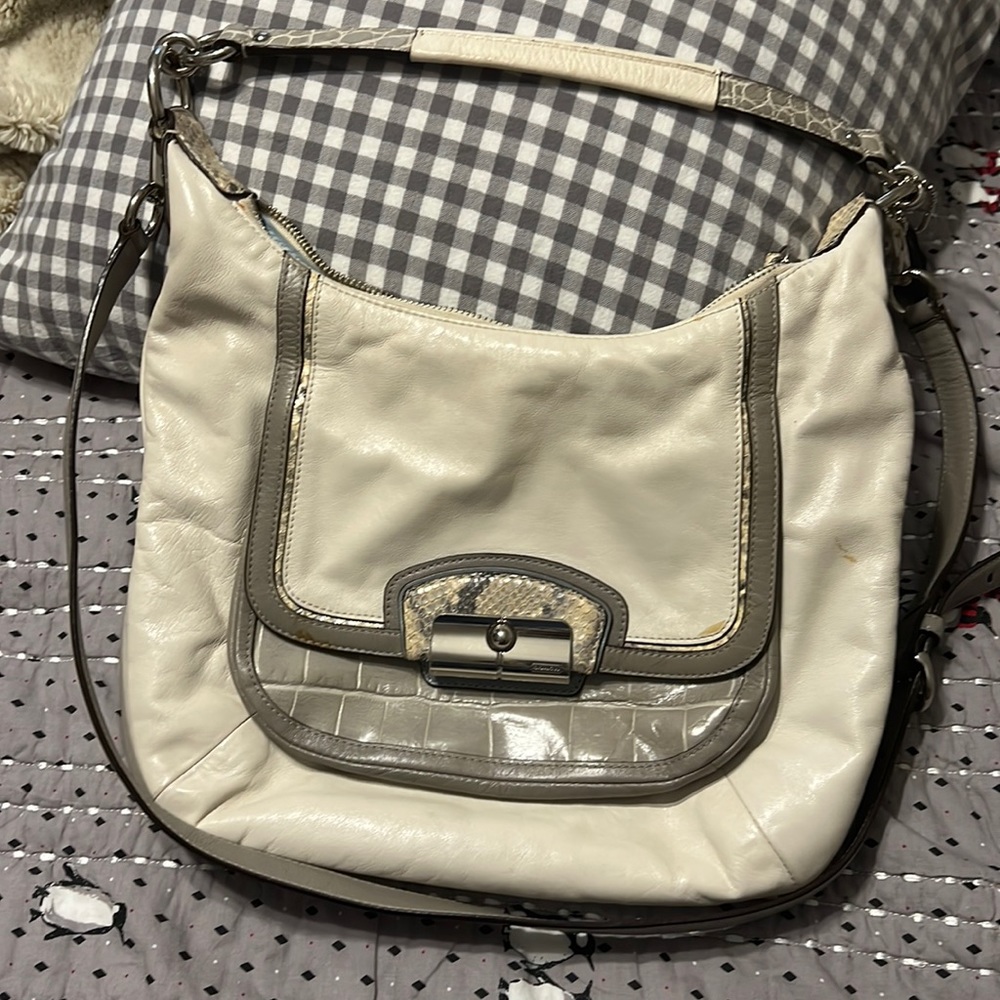 2011 Coach Kristin Spectator Hobo Crossbody Parchment w/gray croc/python detail